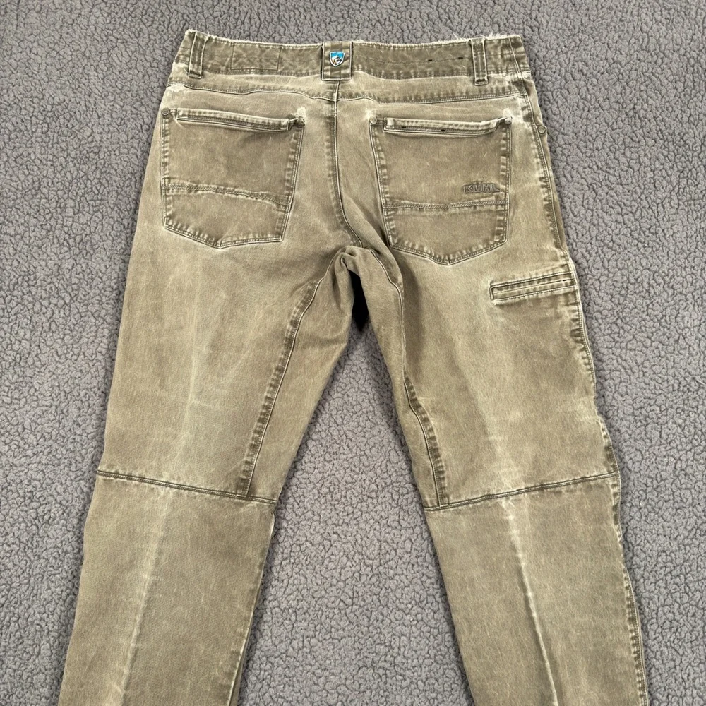 Kuhl Rydr Pants 34x30 Reinforced Ankle Vintage Patina Dye Olive Green Flat Front
